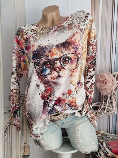 Longsleeve Tunika Katze mit Brille Print Glitzer Nieten 40-44 Lurexsaum Made in Italy