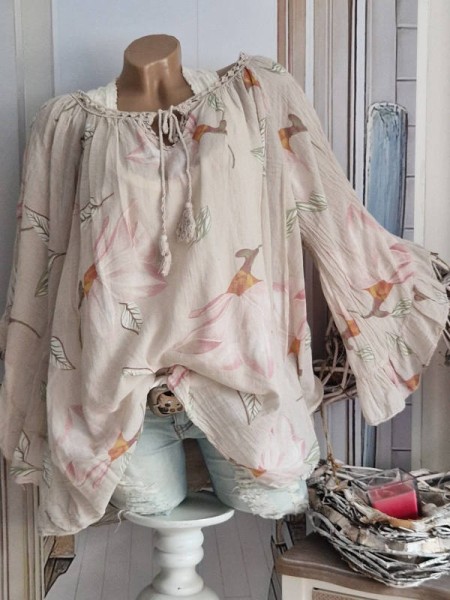 Tunika Bluse 38 40 42 44 46 weite Ärmel beige floral