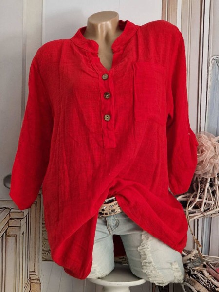 Tunika Bluse rot Hemdbluse Made in Italy 38-42 Musselin Leinenoptik