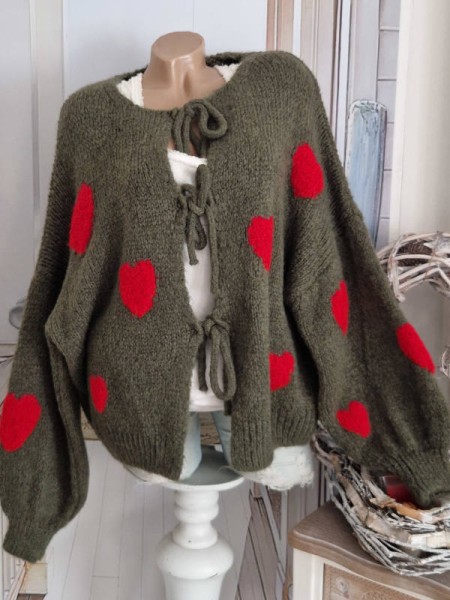 Cardigan Strickjacke kuschelig grün rot Herzchen Bindebändchen Made in Italy 38-44