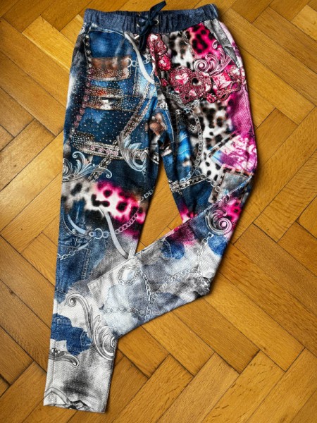 Hose MISSY XL 42 Joggpants Jeans pink Leo Kettchen Print Glitzernieten Neu