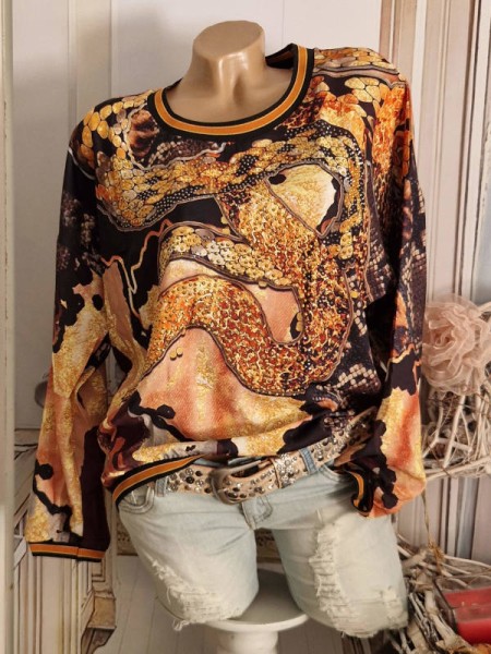 Oversized MISSY L 40 Tunika Longsleeve goldtöne schwarz Snakeprint NEU Glitzer Nieten