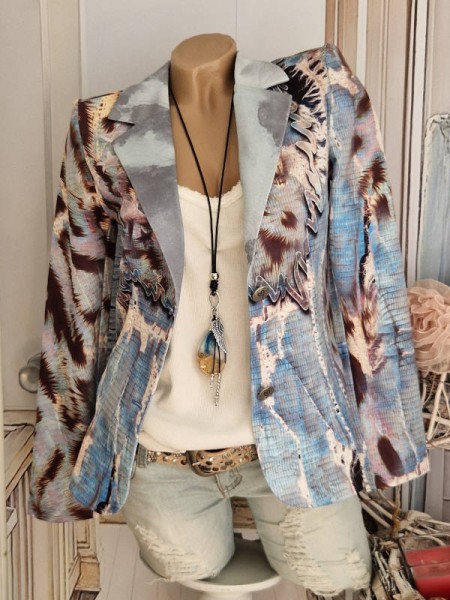 Blazer S 36 MISSY Kurzblazer ausgefallenes Muster blau Leo Destroyed Häkelspitzenprint Nieten Neu