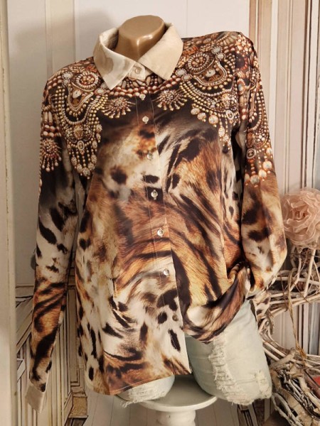 MISSY Bluse Hemdbluse M 38 Animal Ornamente Print Neu Glitzer Steinchen