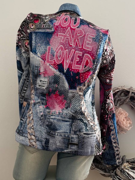 Blazer MISSY Jackett S 36 Jeansoptik rosa pink Ketten Graffiti Print Neue Kollektion