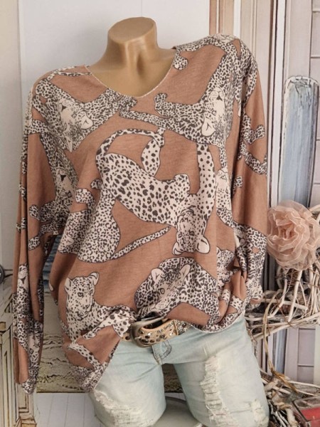 Longsleeve Tunika 38-42 Lurexsaum dunkel beige Animal Gepard Print