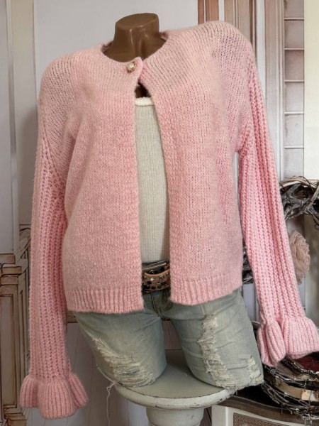 Cardigan Strickjacke rosa 38-42 Cardigan Rüschensaum 1-Knopf Verschluss NEU