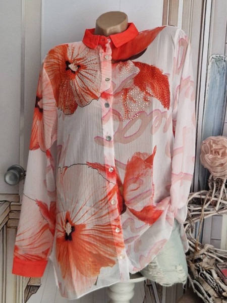 Glitzer Langarm Bluse Hemdbluse M 38 MISSY NEU weiss orange floral gemustert Tunika