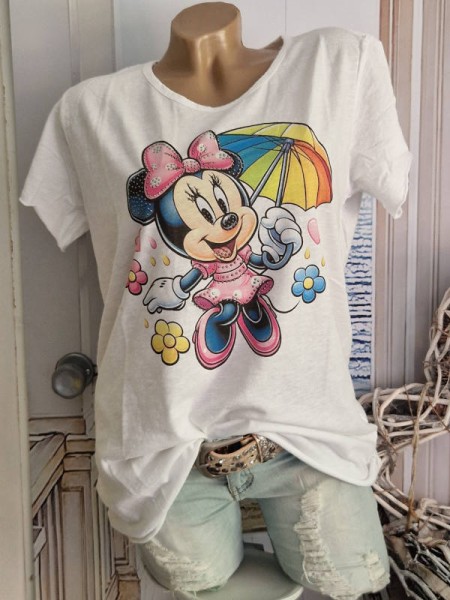 T-Shirt Shirt 36 38 40 42 weiss Mouse mit Regenschirm Italy Nieten NEU