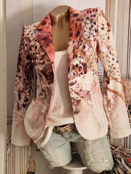 Jackett Neu L 40 MISSY Kurzblazer Blazer rosa creme weiss beige Leo Kettchen Tigermotiv Print