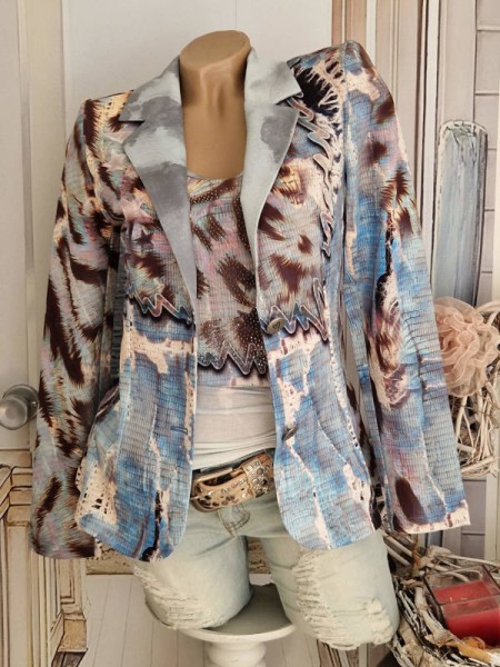 Blazer XL 42 MISSY neue Kollektion Kurzblazer blau Leo Destroyed Häkelspitzenprint Nieten