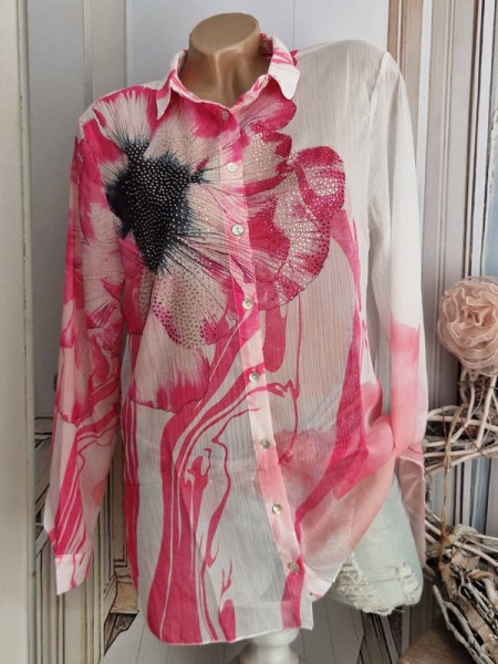 MISSY Langarm Bluse XL 42 Hemdbluse NEU weiss pink schwarz gemustert Tunika Nieten