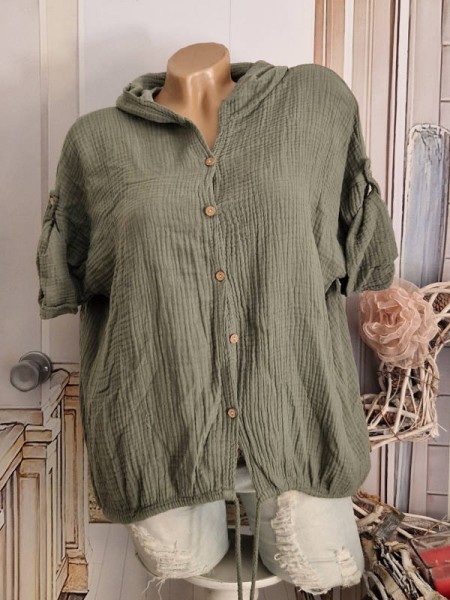 kurze Jacke / Bluse Tunika Kapuze Blusenjacke oliv Musselin Baumwolle 36-42 NEU Italy