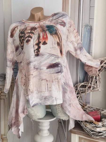 Tunika Feinstrick L 40 Zipfelige MISSY Shirt beige grau weiss Print bunte Federn Glitzer Nieten Neu