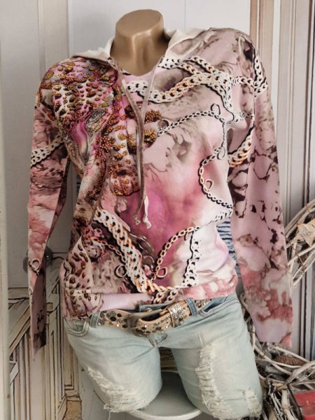 Pullover Kapuzenpulli MISSY M/L 38 40 Hoodie Pulli Neu Feinstrick rosa Leo Kettchen Tigermotiv