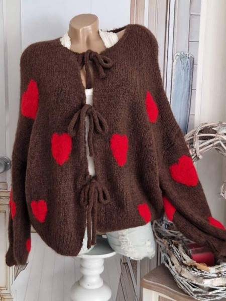 Cardigan Strickjacke kuschelig braun rot Herzchen Bindebändchen Made in Italy 38-44