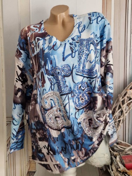 MISSY Onesize Pullover Pulli Oversized Feinstrick blau weiss schwarz Graffitiprint 38-44 Neu