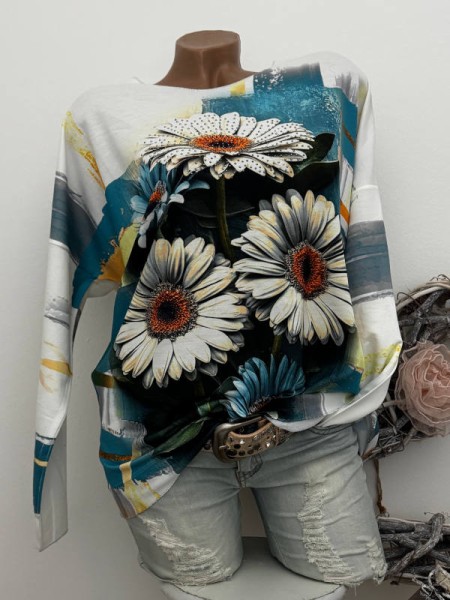 Longsleeve Tunika Flower Glitzer Steinchen 40-44 Made in Italy