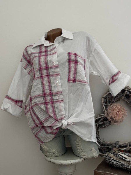 Bluse Hemdbluse Tunika weiss/pink Made in Italy 38-42 NEU