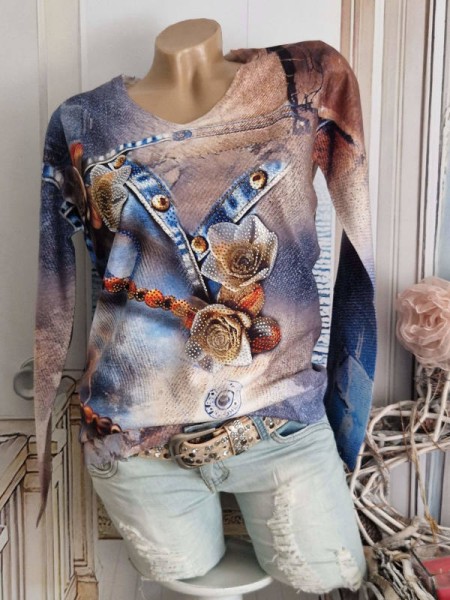 Pullover MISSY L/XL 40 42 Pulli Feinstrick V-Neck blau Jeans Print Blumen Glitzer Nieten