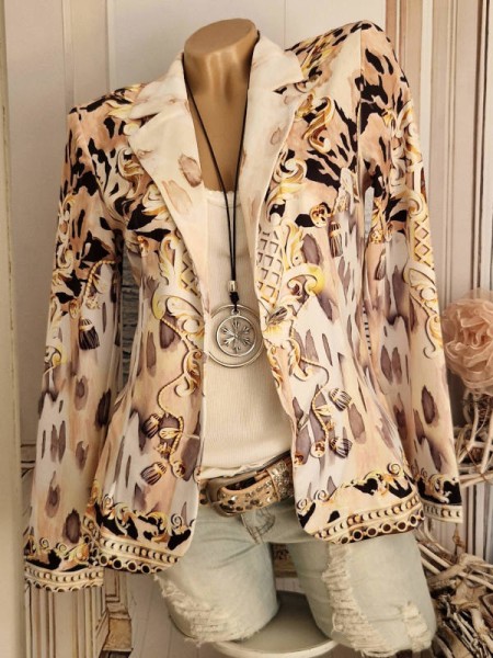 Kurzblazer S 36 MISSY Blazer Jackett Ornamente beige schwarz Leo Troddeln Print Glitzer Nieten