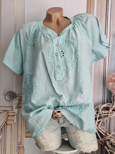 Baumwolle Tunika Bluse mit Lochmuster mint Made in Italy 38-42