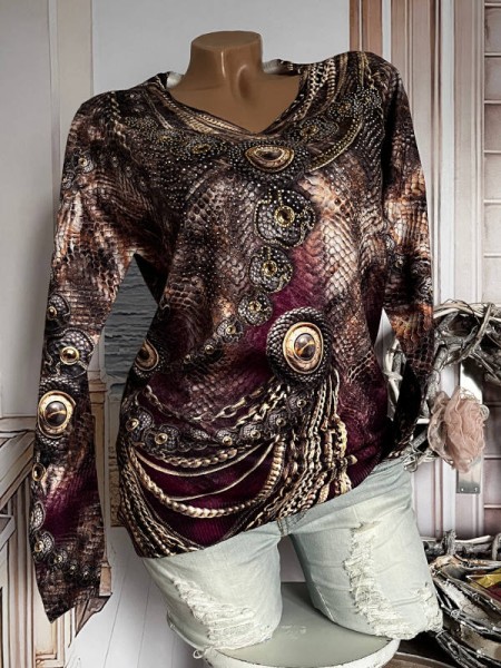 V-Neck MISSY M/L 38 40 Feinstrickpulli Pullover dunkles lila Snakeprint Kettchen/Goldton Print gemus