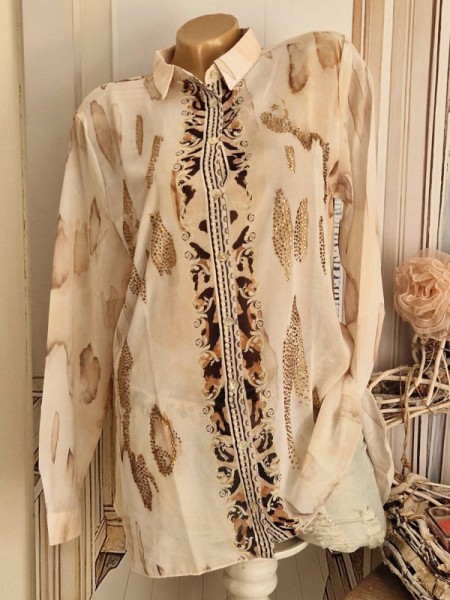 Glitzer Langarm Bluse Hemdbluse S 36 MISSY NEU Ornamente beige Leo Print Tunika