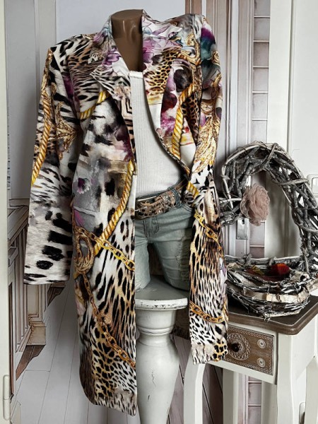 MISSY Blazer Longblazer Kurzmantel Gehrock 38 40 lila bunt Animal Kettchen goldton Print Glitzernie