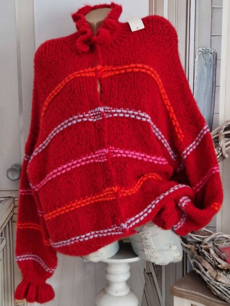 Cardigan Strickjacke kuschelig rot gerüscht Made in Italy 38-44