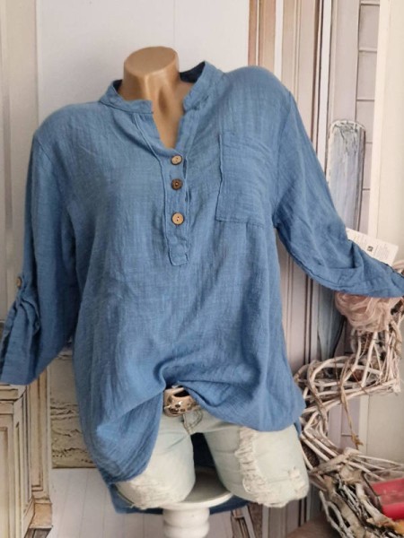 Tunika Bluse jeansblau Hemdbluse Made in Italy 38-42 Musselin Leinenoptik