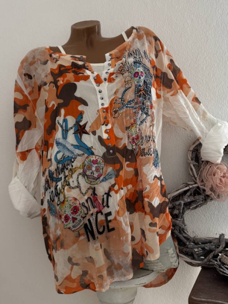 Tunika Bluse 2tlg mit Top orange/Camouflage/Print Nietenleiste 38 40 42 Made in Italy