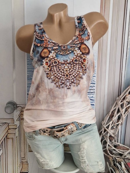 Top Longtop MISSY M 38 Trägertop weiss blau Kettchen Print Glitzer Nieten Neu