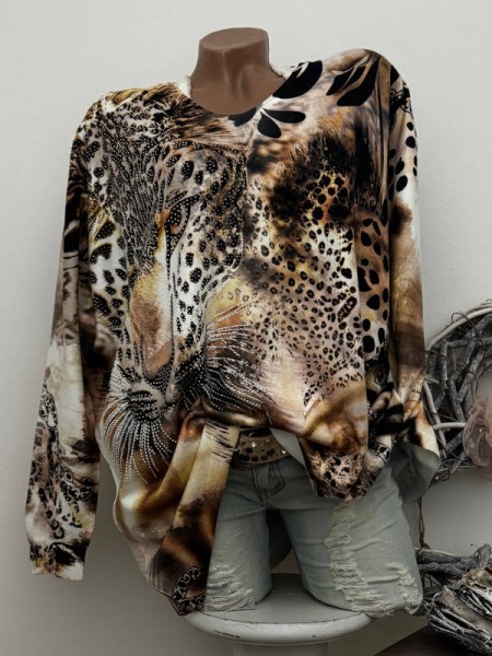 Oversized Feinstrick MISSY Pullover Pulli Onesize 38-44 Glitzernieten Leo braun Gliederkettenprint N