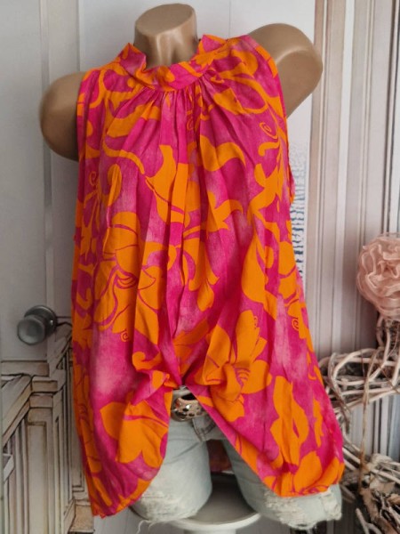 Ärmelloses Top Tunika Bluse 38-42 hinten zum binden pink neon orange Viskose Made in Italy