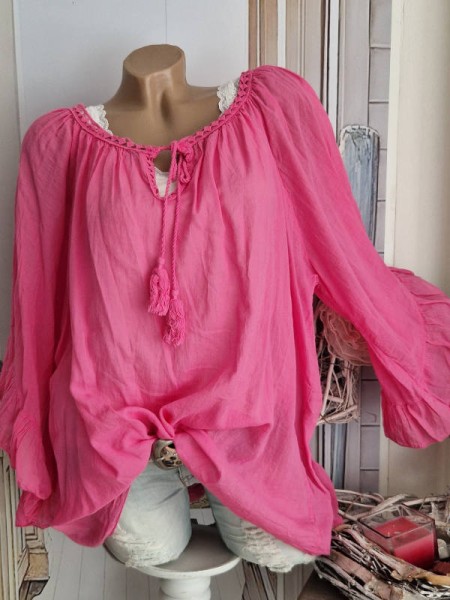 Tunika Bluse pink weite Ärmel Bindebändchen 38-48 Made in Italy Neu