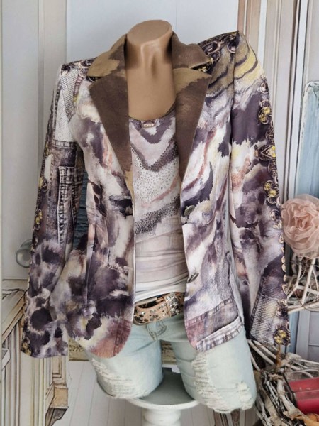 Blazer XXL 44 MISSY Kurzblazer ausgefallenes Muster Camouflage Jeans Brokat Print Nieten Neu