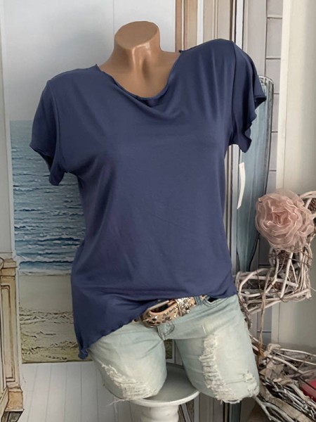 Basic T-Shirt Shirt Tunika 36 38 40 Italy Wellensaum Kurzarm blau NEU