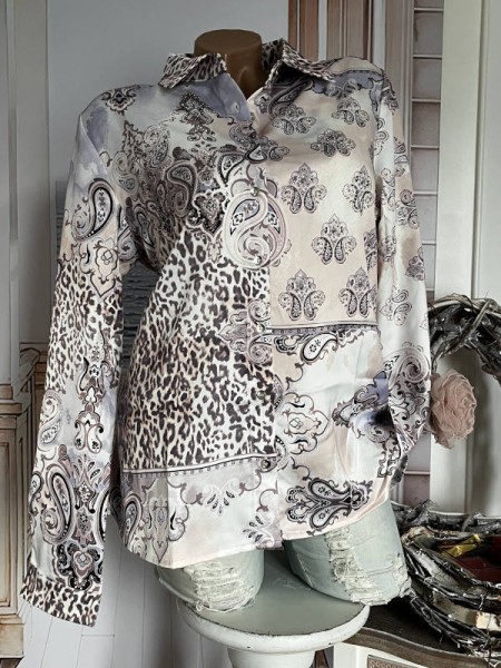 MISSY L 40 Bluse Hemdbluse Paisley flieder weiss grau schwarz Neu Glitzer Steinchen