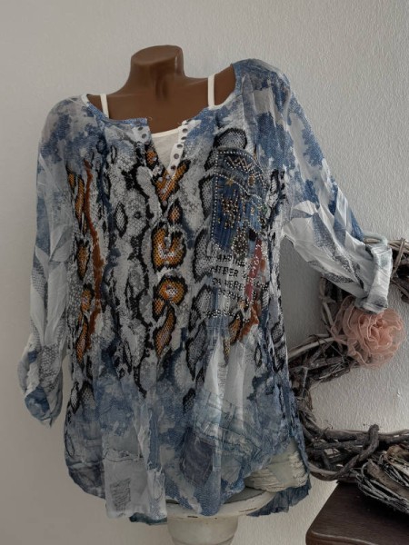 Tunika Bluse 2tlg mit Top blau jeansoptik Reptil Print Nietenleiste 38 40 42 Made in Italy