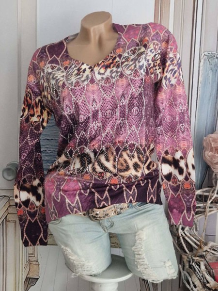 MISSY Neue Kollektion Pulli M/L 38 40 Feinstrick Pullover lila Animal gemustert Glitzer Nieten