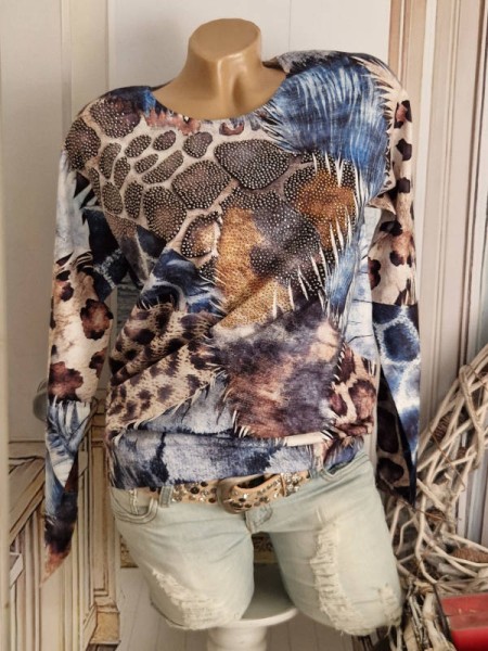 Pullover MISSY L/XL 40 42 Pulli NEU Feinstrick used Jeans Animal Print Glitzer Nieten