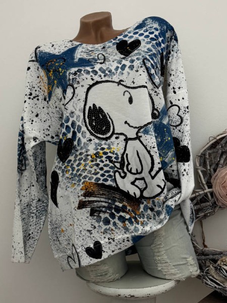 Longsleeve Tunika Comicmotiv weiss blau schwarz Herzchen Glitzer Steinchen 40-44 Made in Italy