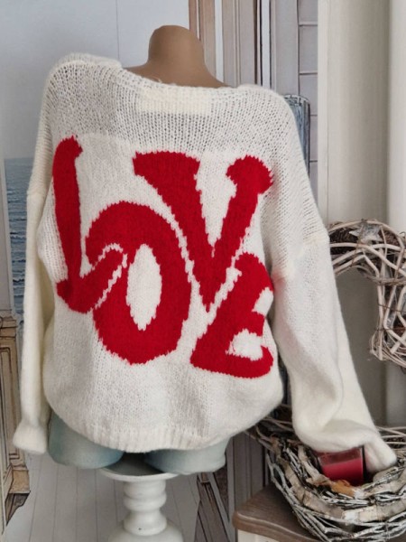 Cardigan Strickjacke weiss/rot Love Oversize Made in Italy 36-42 Ärmel überschnitten