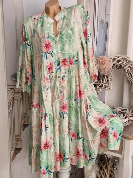 Long Tunika Kleid 40-44 Knopfleiste Made in Italy grün mint weiss pink 3/4 Ärmel NEU