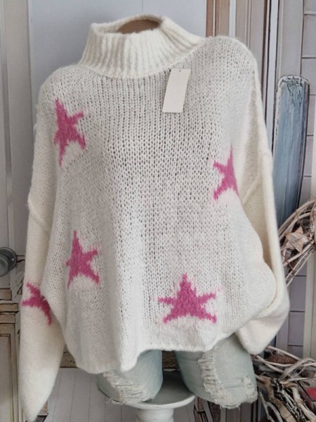 Pulli Pullover Sterne weiss/pink sichtbare Aussennähte Made in Italy Pullover Knit 36-42