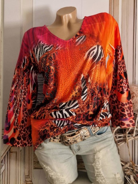 MISSY Tunika S 36 Shirt 3/4 Ärmel warmes orange pink Animal Print Ausbrenner Bündchen raffbar Glitze