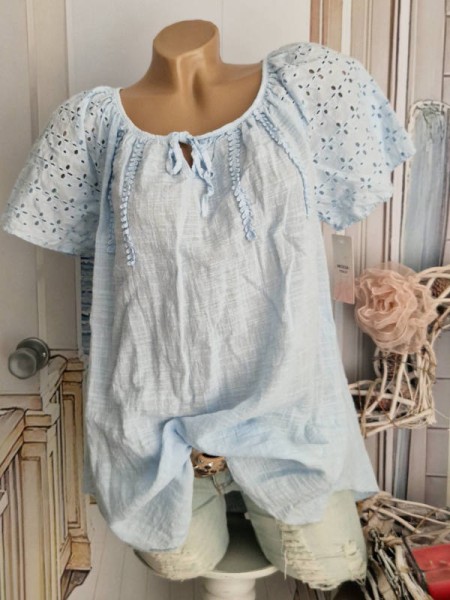 Baumwolle Carmen Tunika Bluse hellblau Made in Italy luftig leicht 38-42