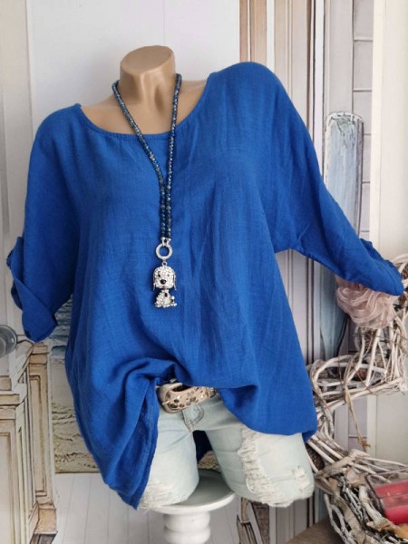 Bluse Tunika Musselin Baumwolle royalblau Made in Italy Neu 38-42