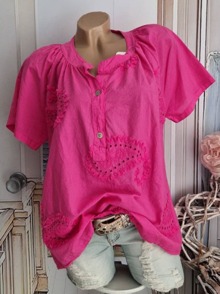 Baumwolle Tunika Bluse mit Lochmuster pink Made in Italy 38-42